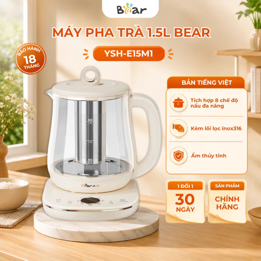 Ấm pha trà dưỡng sinh đa năng 1.5L Bear YSH-E15M1, 8 chế độ, Cs 800W, Giữ nhiệt, Bảo Hành 18 Tháng