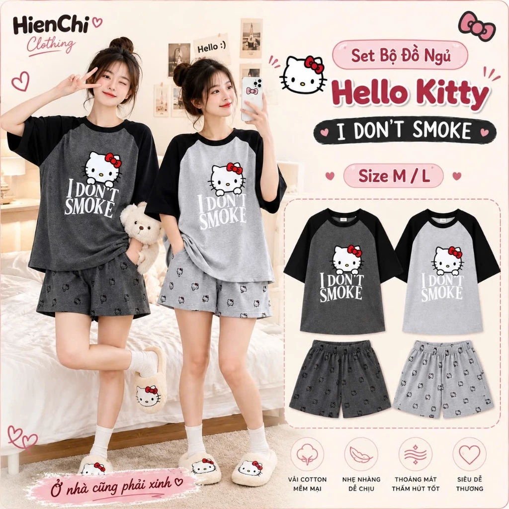 Set Bộ Đồ Ngủ Hello Kitty I Don't Smoke - Áo Phông Raglan Tay Lỡ Phối Màu Xám Đen Mix Quần Short Nữ Cá Tính Ulzzang