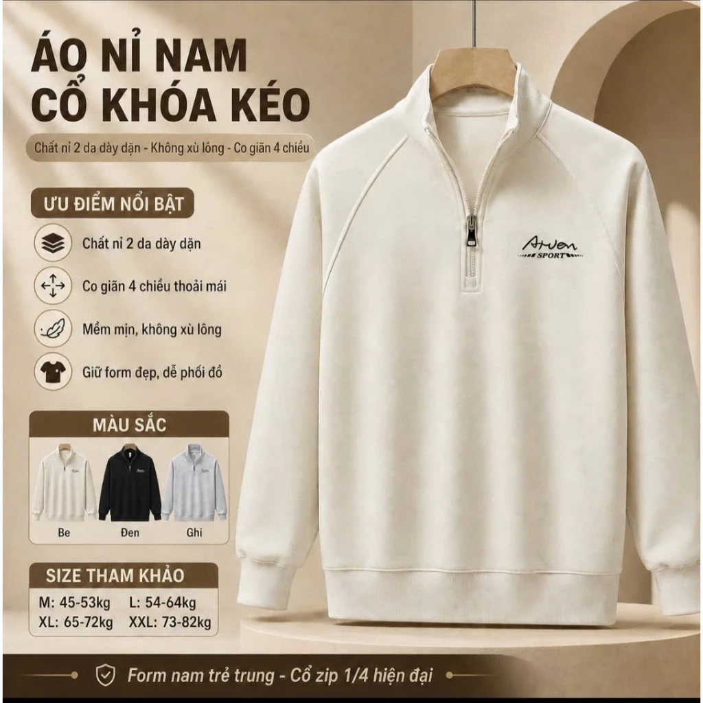 Áo Nỉ Nam ARVENT Half Zip Cổ Khóa Kéo 1/4, Nỉ 2 Da Dày Dặn Co Giãn 4 Chiều, Không Xù Lông, Áo Thu Đông Nam Form Đẹp