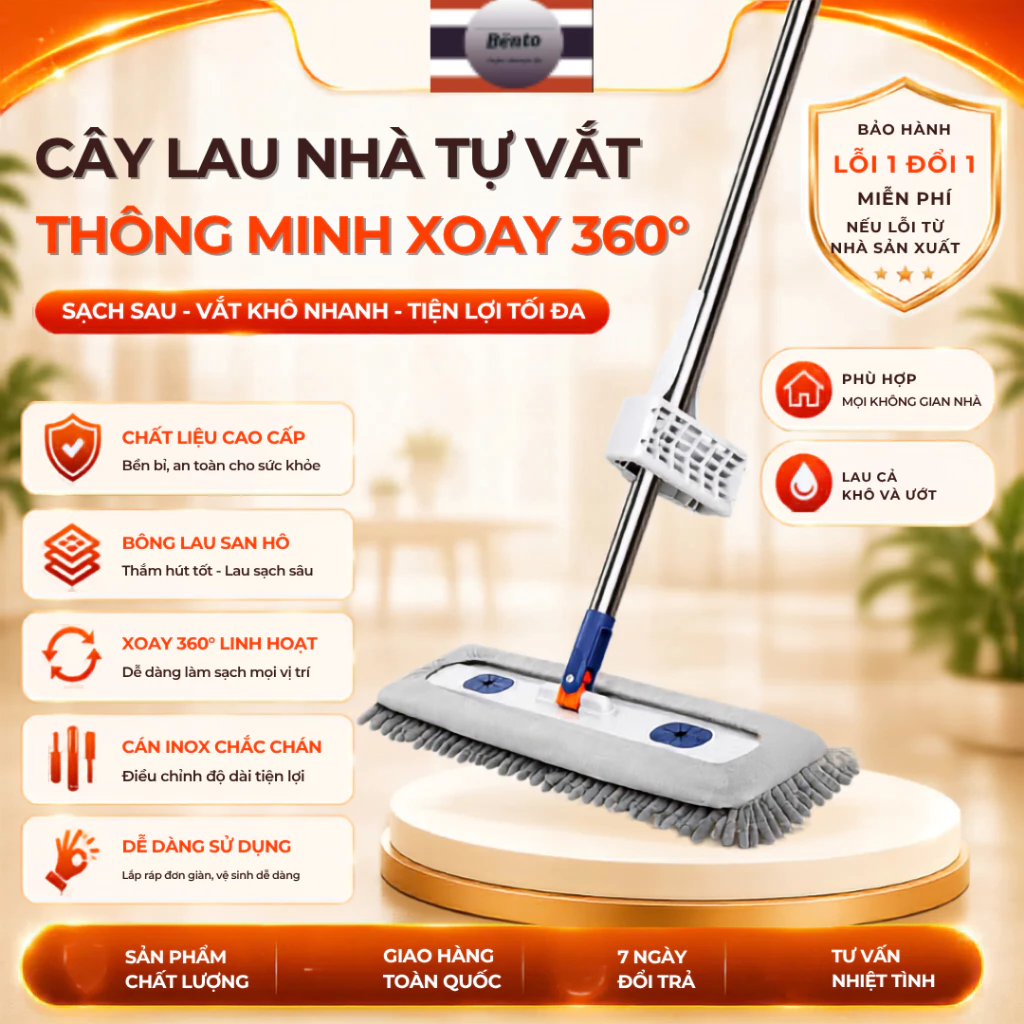 BENTOMOP_ Bộ lau tự vắt san hô 45*12 mẫu bán chạy, xoay 360 độ, dễ dàng vắt và lau sạch vết bẩn lớn, dễ thay thế bông la
