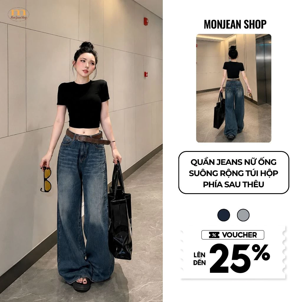 Quần Jeans Nữ Bigsize Ống Suông Rộng Túi Hộp Phía Sau Thêu, Quần Jean Nữ Form Rộng Cá Tính MS637