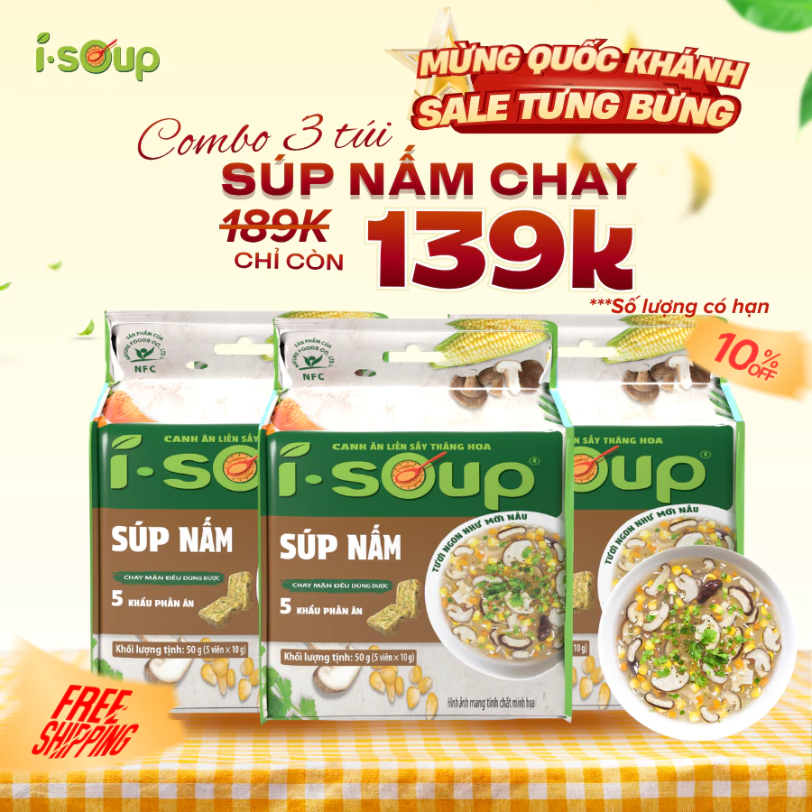 [GIÁ SHOCK GIẢM SÂU] Combo 3 túi Súp Nấm Chay Ăn Liền Sấy Thăng Hoa - 5 viên/gói