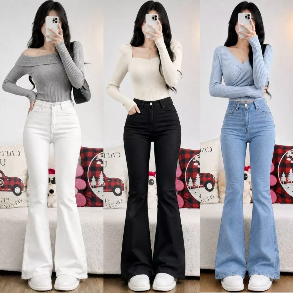 Quần jean Nữ ống loe MIAA cạp cao màu đen tôn dáng chất bò denim co giãn 4 chiều đầy đủ size