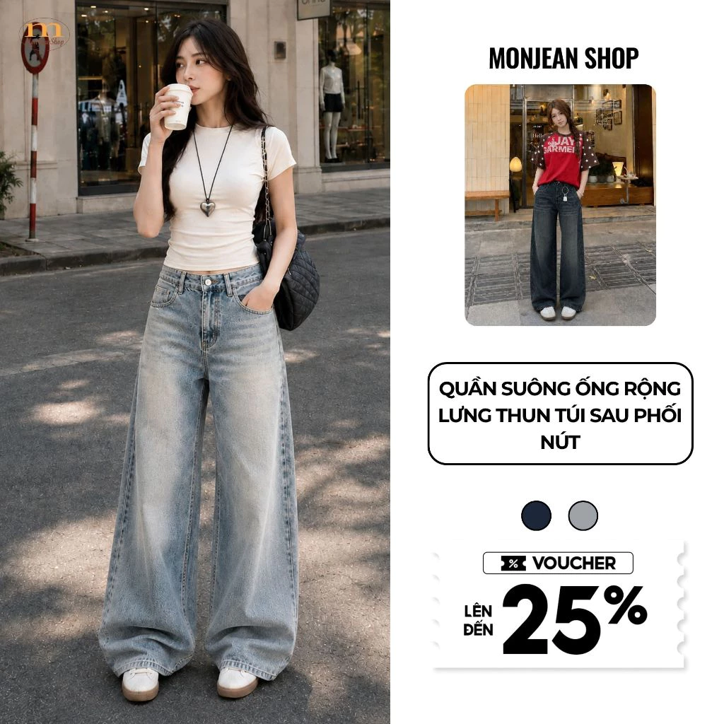 Quần Jeans Nữ Bigsize Ống Rộng Lưng Thun Túi Sau Phối Nút, Quần Jean Nữ Form Rộng Cá Tính MS640