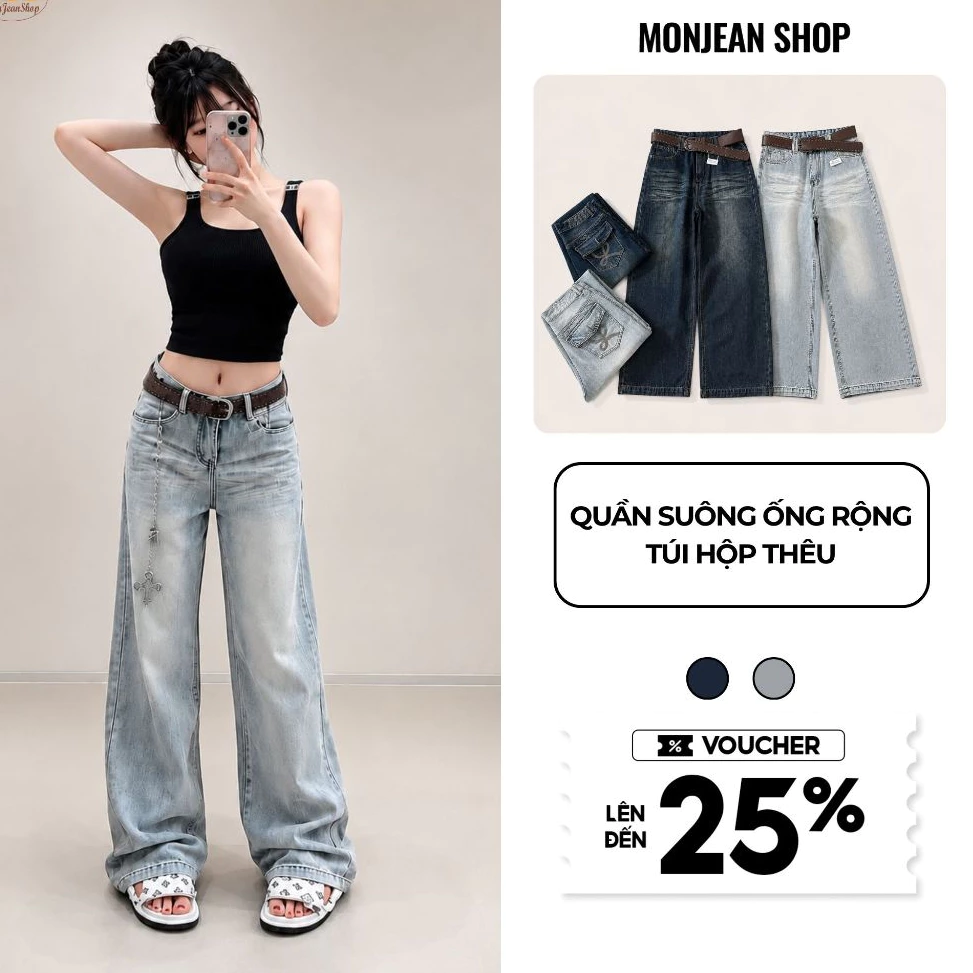 Quần Jeans Nữ Ống Rộng Cạp Cao Tôn Dáng Quần Jeans Nữ Bigsize Óng Rộng Túi Hộp Thêu MS634