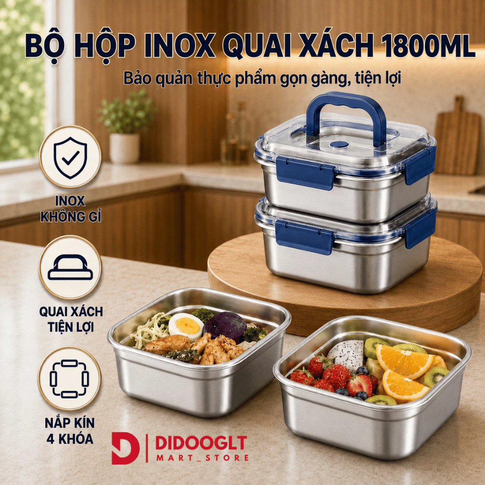 Hộp Đựng Thực Phẩm Inox 304 1800ml Quai Xách, Nắp Kín Gioăng Silicone Chống Tràn, Dùng Cho Tủ Lạnh