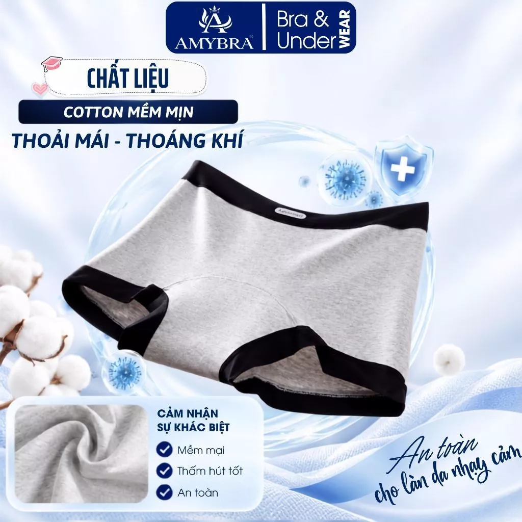 Quần Boxer Nữ Màu Trơn Viền Chun Không Hằn AMYBRA L5284 Quần Lót Nữ Thể Thao Cotton Cạp Cao Ôm Sát