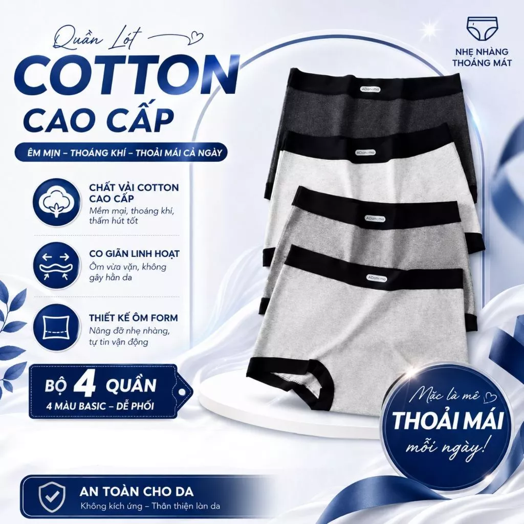 Quần Lót Nữ Cotton Dáng Đùi Basic - Quần Boxer Nữ Mềm Mại Viền Su Không Hằn Cấn Da AMYBRA L5284