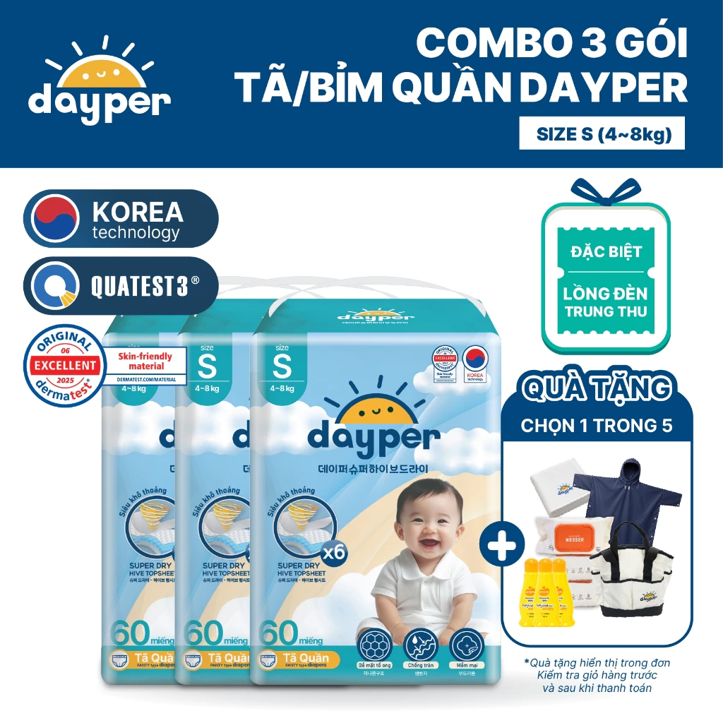 Combo 3 gói tã/bỉm quần Dayper S60/M58/L52/XL50/XXL46-Super Hive Dry thấm hút gấp 6 lần