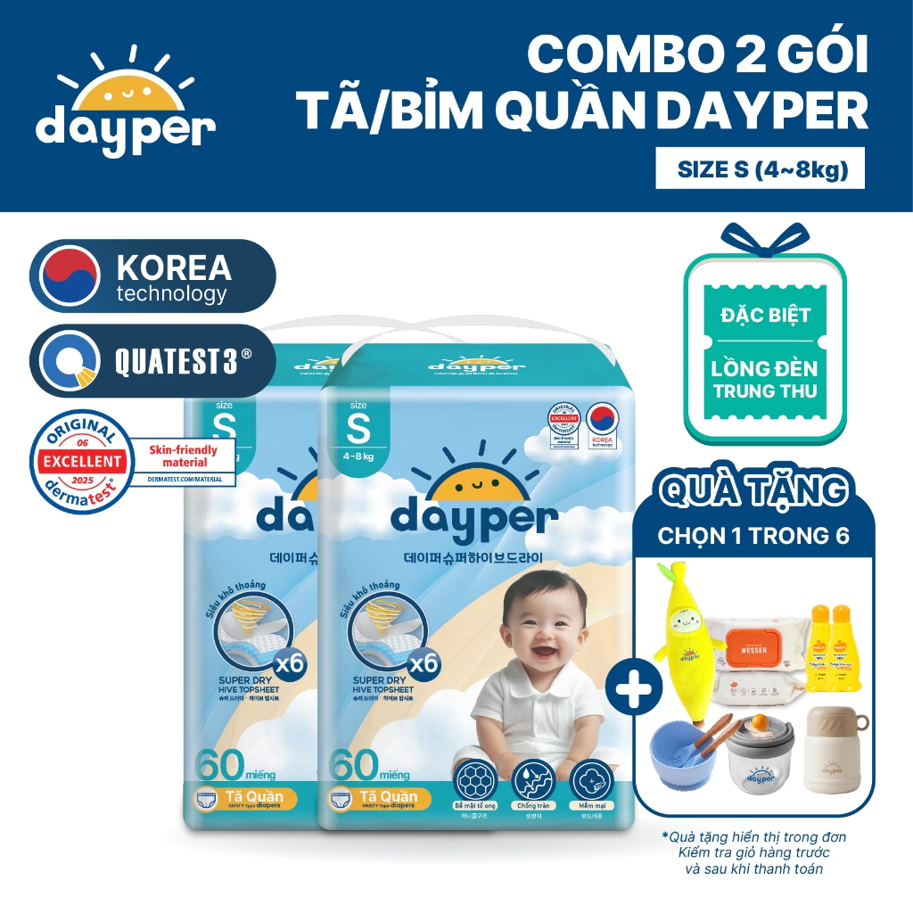 Combo 2 gói tã/bỉm quần Dayper S60/M58/L52/XL50/XXL46-Super Hive Dry thấm hút gấp 6 lần