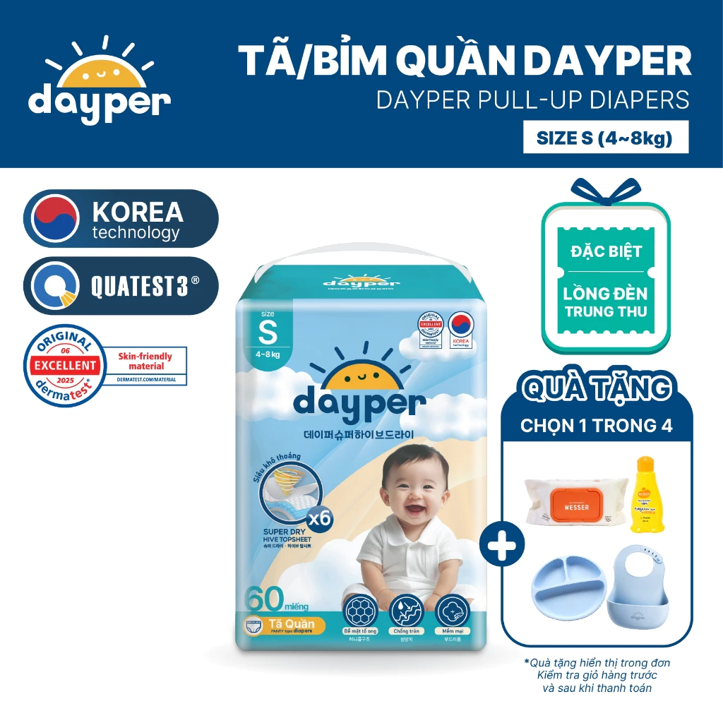Tã/bỉm quần Dayper S60/M58/L52/XL50/XXL46 - Super Hive Dry mới thấm hút gấp 6 lần