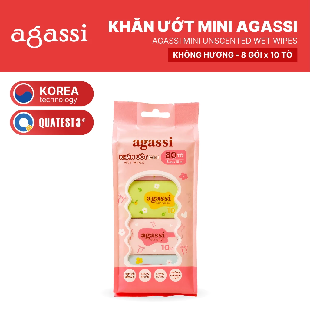 KHĂN ƯỚT MINI AGASSI TIẾT KIỆM, SIÊU TIỆN LỢI (LỐC 8 GÓI)