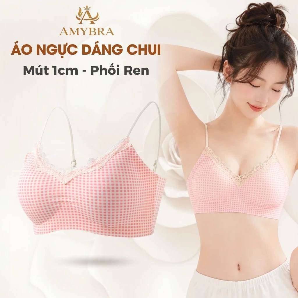 Áo Ngực Không Gọng Đệm 1cm Mềm Mịn, Áo Bra Nữ Hoạ Tiết Xinh Xắn Phối Ren Thanh Lịch AMYBRA A1233