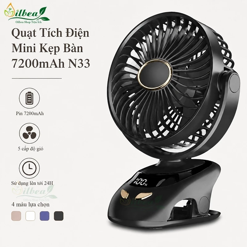 Quạt Tích Điện N33 - A6 Mini Kẹp Bàn Có Màn Hình LED Hiện Thị Dung Lượng 7200mAh