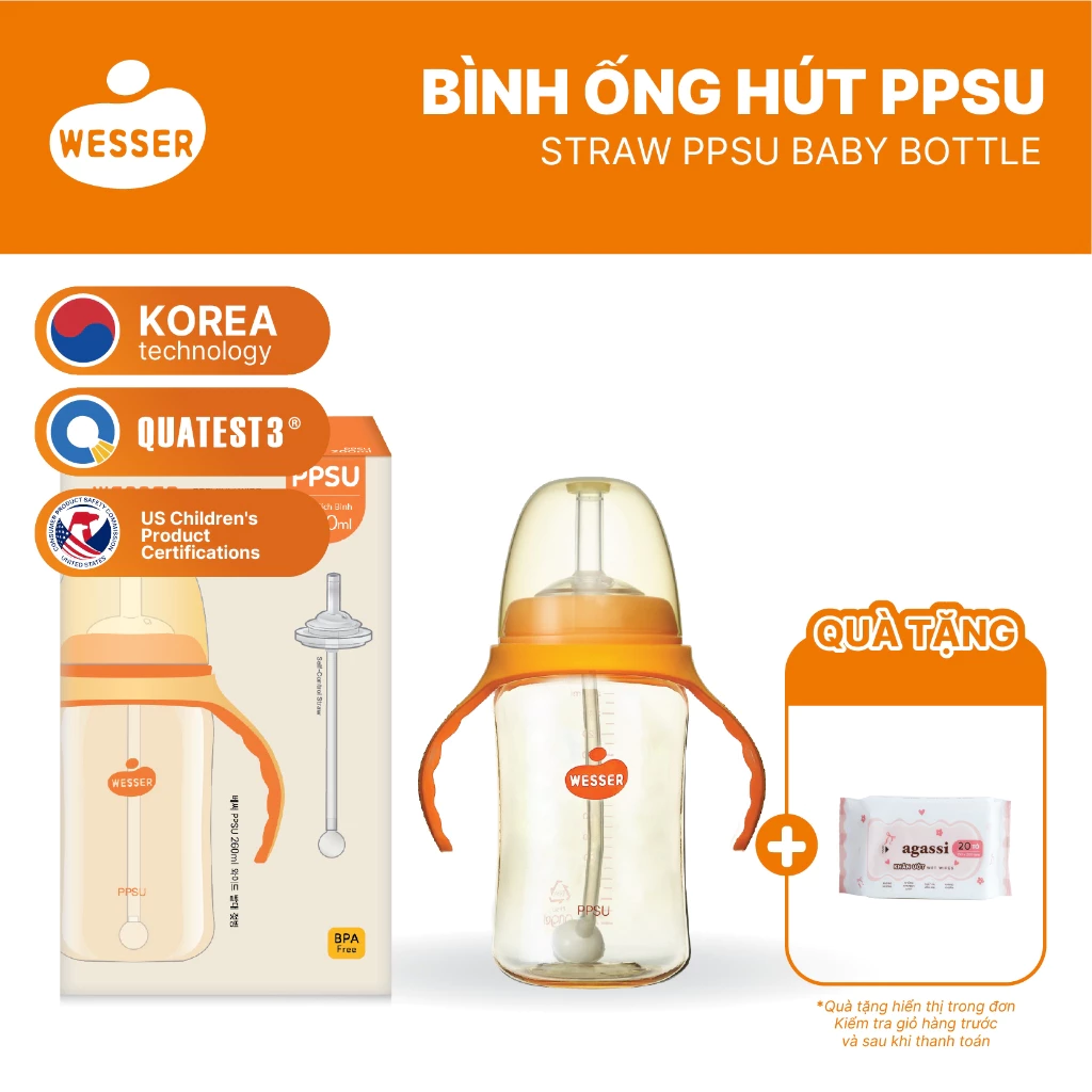 [MỚI] Bình ống hút PPSU Wesser 260ml (PPSU MÀU VÀNG MẬT ONG)