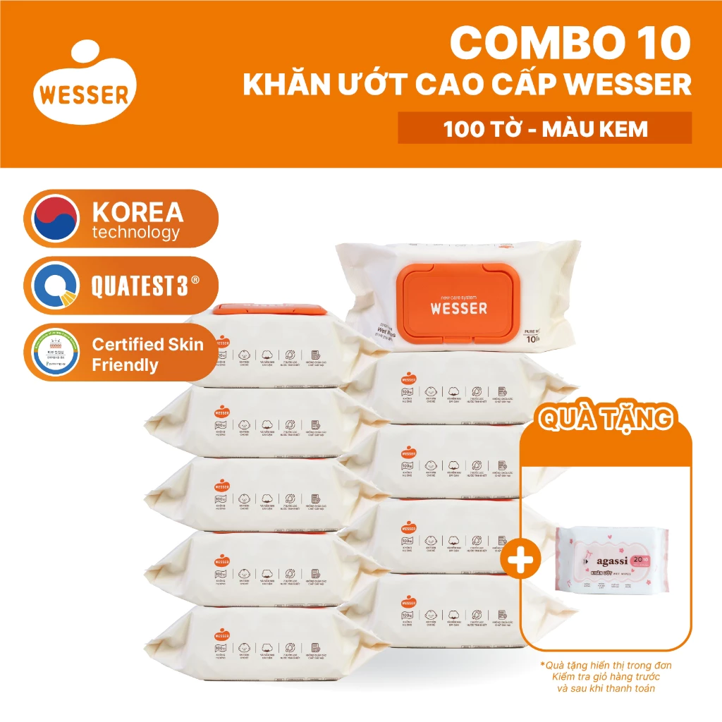 (MỚi) Bộ 10 gói khăn ướt cao cấp Wesser 100 tờ không hương