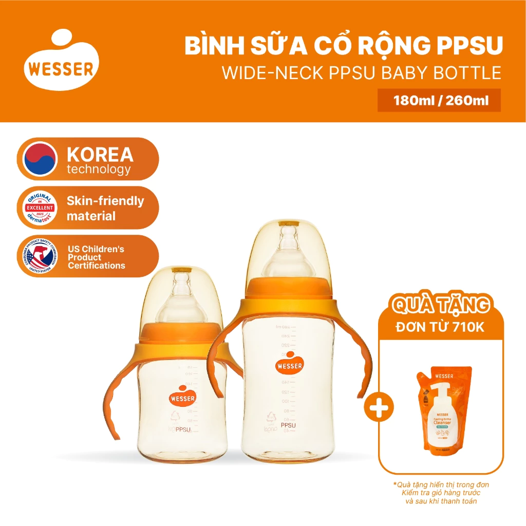 [MỚI] Bình sữa cổ RỘNG PPSU Wesser 180ml/260ml (PPSU MÀU VÀNG MẬT ONG)
