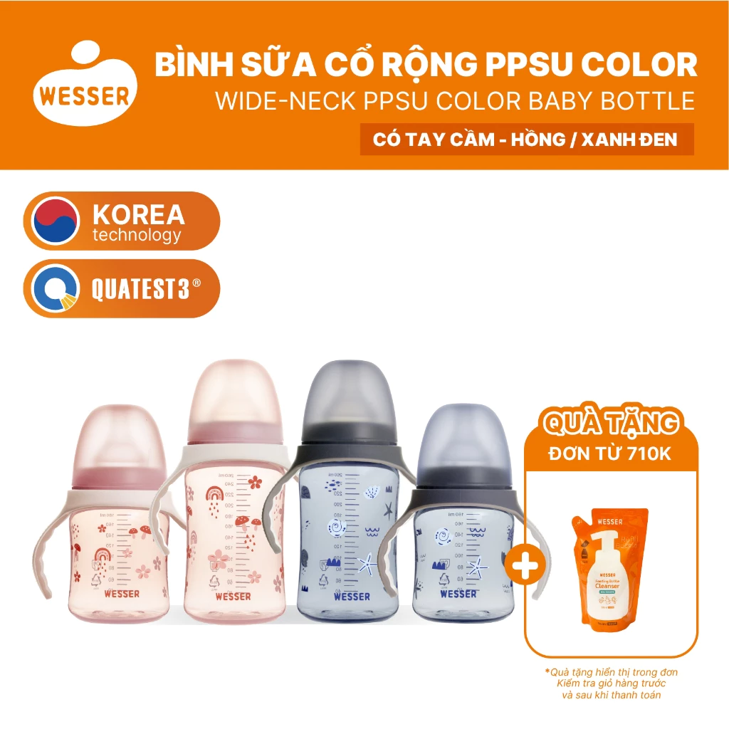 [MỚI] Bình sữa CỔ RỘNG PPSU COLOR Wesser 180ml/260ml