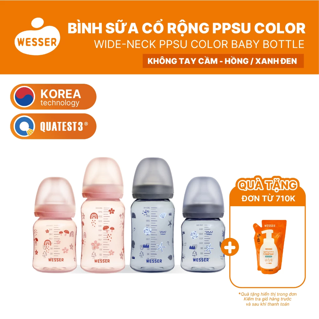 [MỚI] Bình sữa CỔ RỘNG PPSU COLOR Wesser 180ml/260ml - KHÔNG TAY CẦM