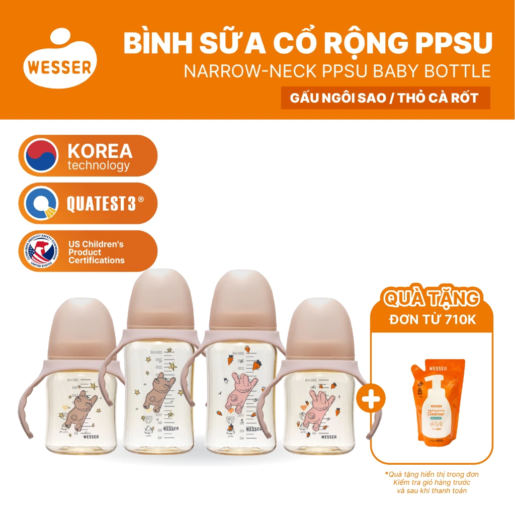 [MỚI] Bình sữa CỔ RỘNG PPSU Gấu Ngôi Sao/ Thỏ Cà Rốt (180ml/260ml)