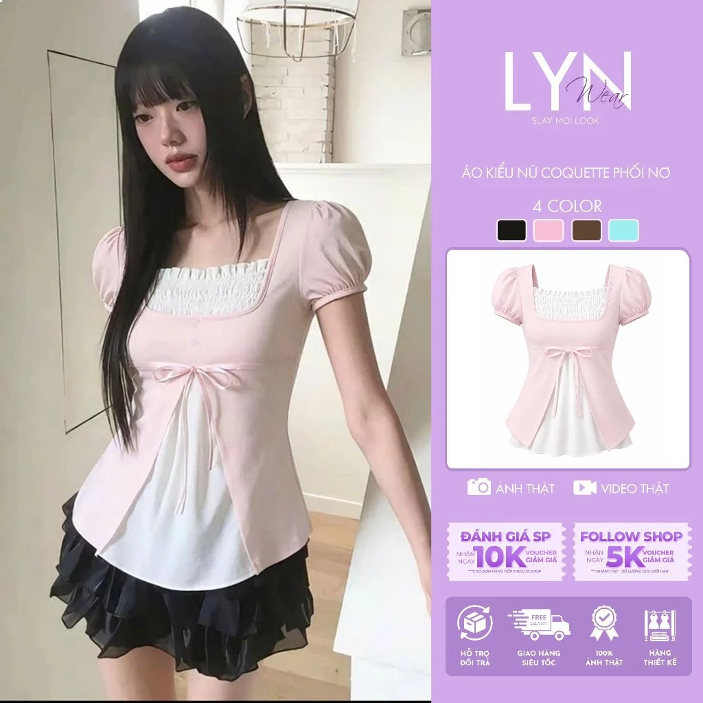 | LYN WEAR | Áo Kiểu Nữ Coquette Cổ Vuông Tay Phồng Nơ Eo Dáng Peplum