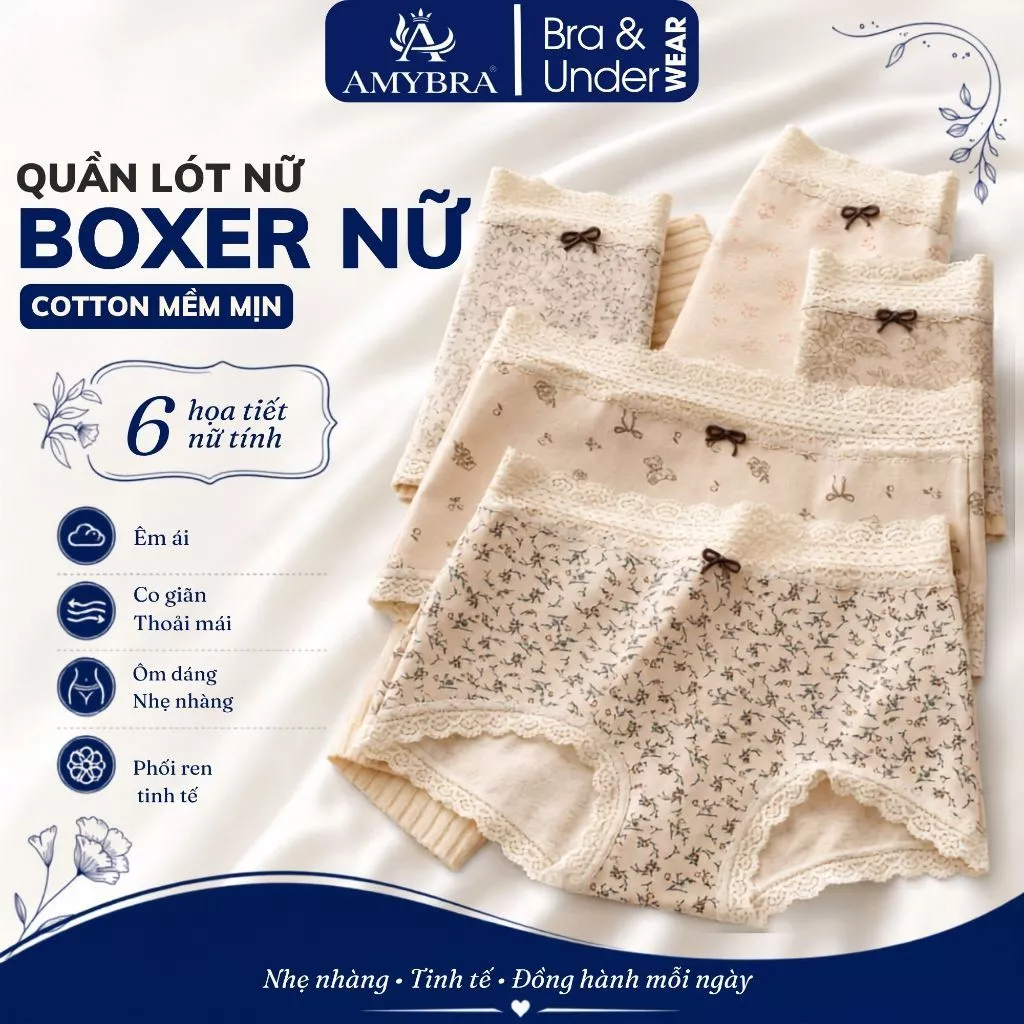 Quần Lót Quần Boxer Nữ Cotton Phối Ren Viền Bèo Màu Kem Nâu Pastel Mềm Mịn Đáy Cotton AMYBRA L5272