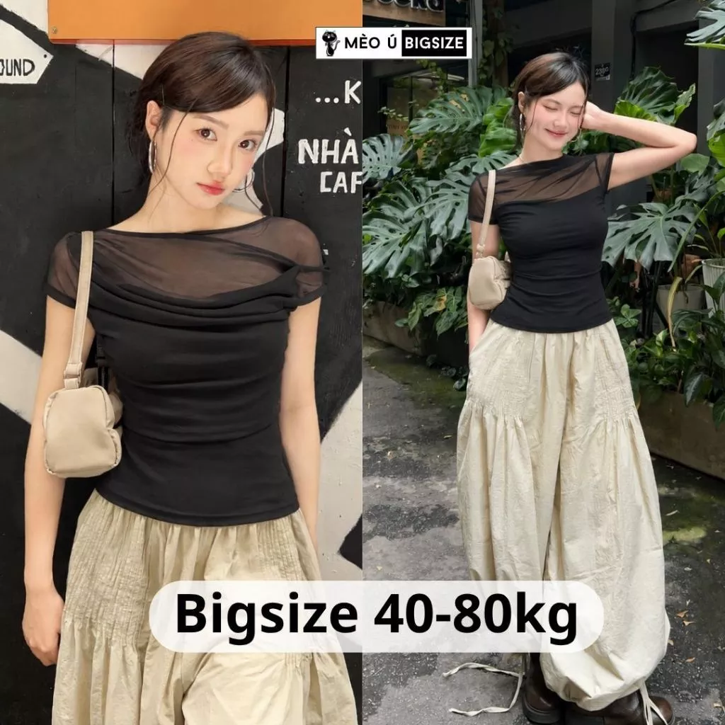 Áo thun nữ BIGSIZE Mèo Ú áo thun phối lưới nữ 2 lớp tay ngắn nhún eo ôm dáng phong cách Hàn Quốc 319