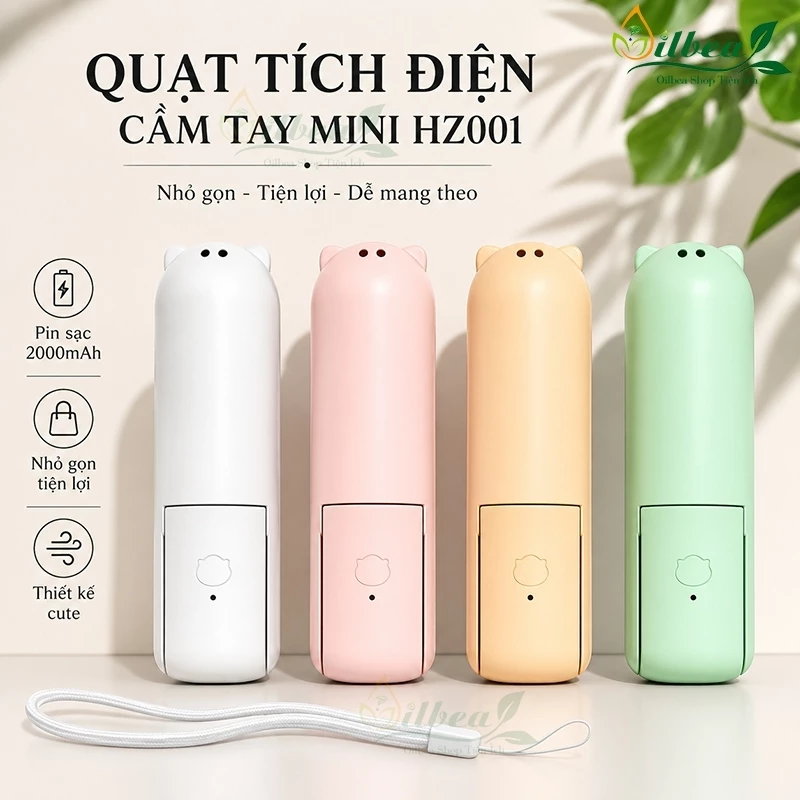 Quạt Tích Điện Mini HZ001 Cầm Tay Gấp Gọn Đa Chức Năng Pin 2000mAh Gió Yên Tĩnh
