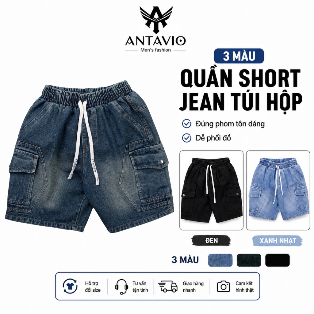 Quần Short Jean Túi Hộp ANTAVIO Quần Bò Lửng Thiết Kế Túi Hộp Chất Vải Jean Mềm 3 Màu 45-90KG 2683
