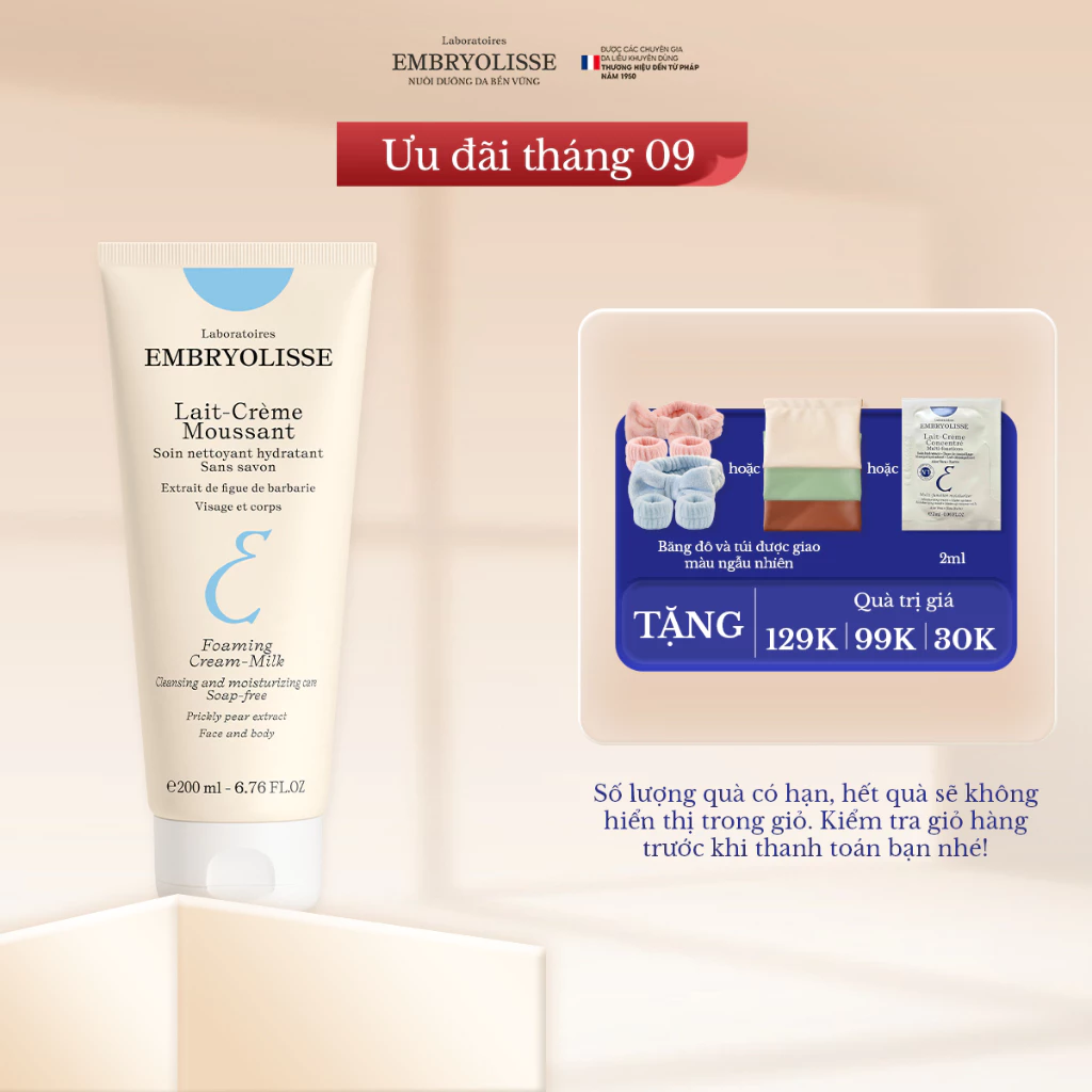 Sữa rửa mặt sạch sâu, cấp ẩm dịu nhẹ Lait-Crème Moussant Embryolisse 200ml