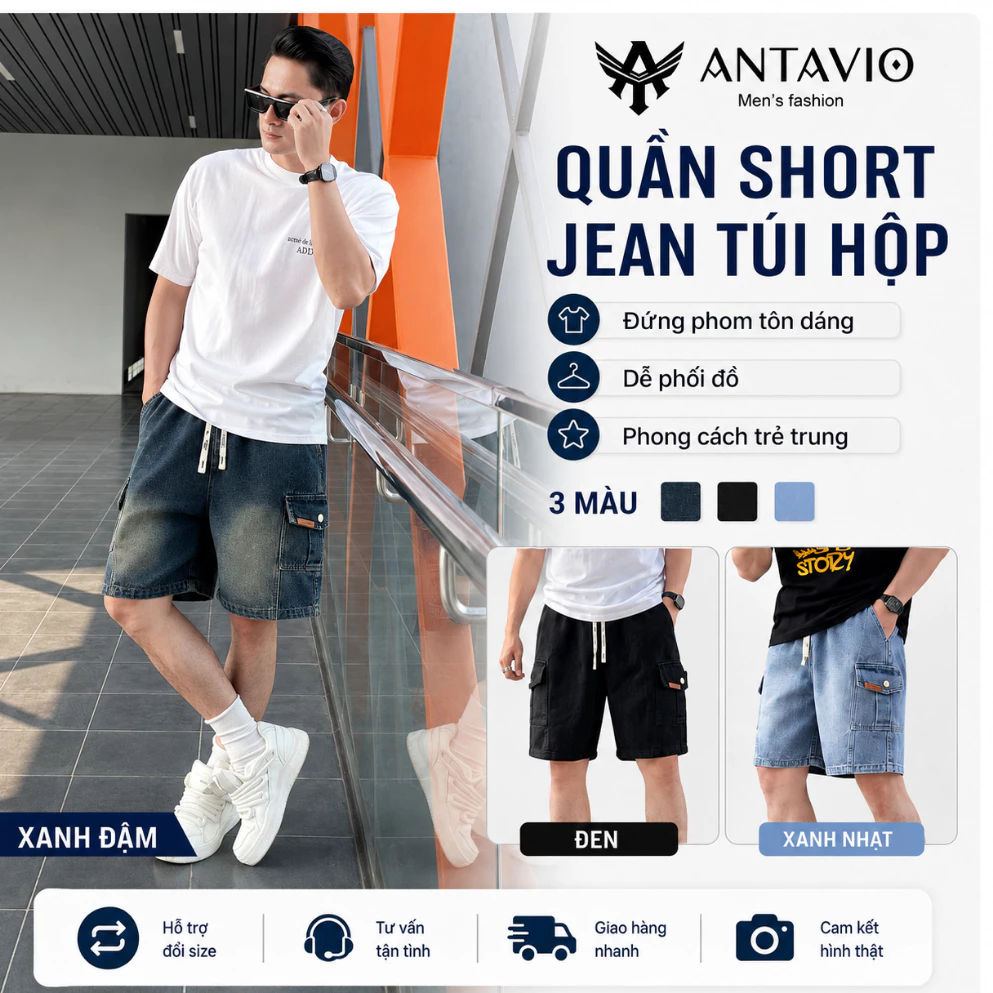 Quần Short Jean Túi Hộp,Quần Jean  ANTAVIO  Thiết Kế Túi Hộp Thời Trang 3 Màu M-3XL 45-90 kg 2685