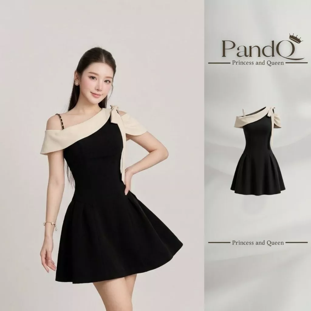Váy Lệch Vai Phối Viền Kem PandQ Đầm Xòe Ngắn Phối Dây Xích Thắt Nơ Vai Tôn Dáng Cao Cấp Sang Trọng | vd0143