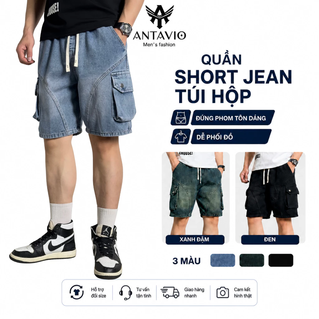 Quần Short Jean Túi Hộp, Quần Jean  ANTAVIO Chất Liệu Vải Mềm Thời TRang 3 Màu 45-90KG SHORT 2687
