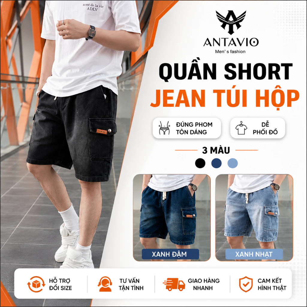 Quần Short Jean Túi Hộp Bò Đùi Lửng Ngắn ANTAVIO Túi Hộp Thiết Kế Trẻ Trung Phong Cách Hàn Quốc 2682