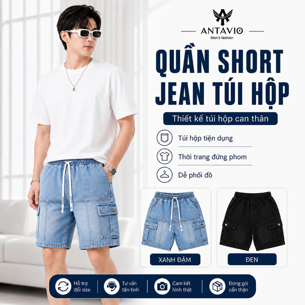 Quần Short Jean Túi Hộp, Quần Jean Ngắn ANTAVIO Chất Liệu Jean Mềm Mại 3 Màu M-3XL 45-90KG 2681