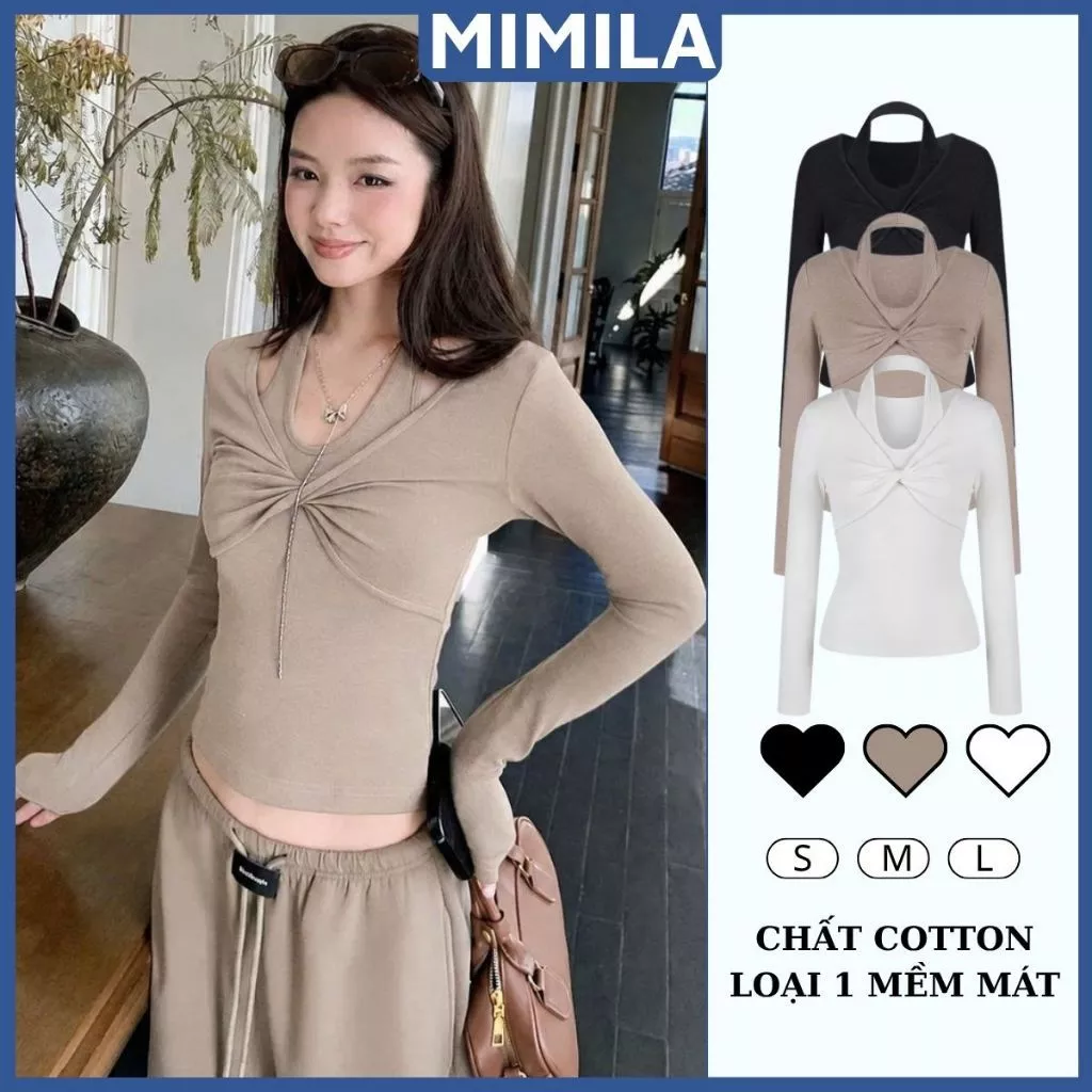 [CÓ SIZE] Áo Thun Nữ Cổ Yếm Giả Xoắn Ngực Tay Dài MIMILA Vải Cotton Mịn Mát Co Giãn Ôm Body Cá Tính - MA378