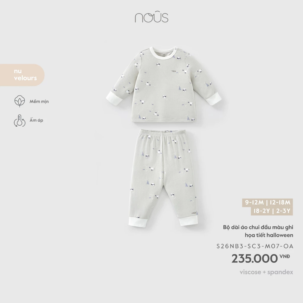 Nous Baby Bộ dài chui đầu, bộ dài thu đông co giãn cho bé trei bé gái in họa tiết xinh xắn từ 8.5-15kg BST T9