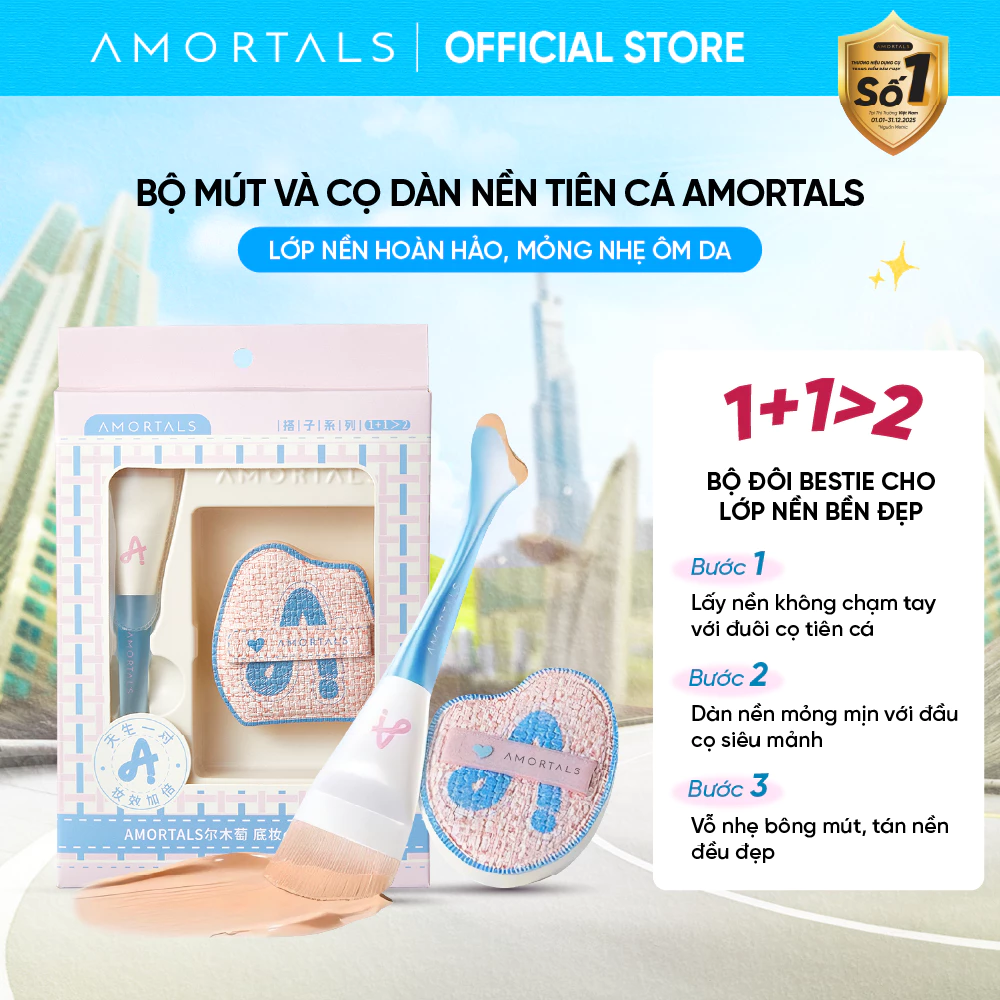 Bộ Mút & Cọ Trang Điểm Tiên Cá AMORTALS, Makeup Nhanh Chỉ Trong 2 Bước, Lớp Nền Mỏng Nhẹ Ôm Da