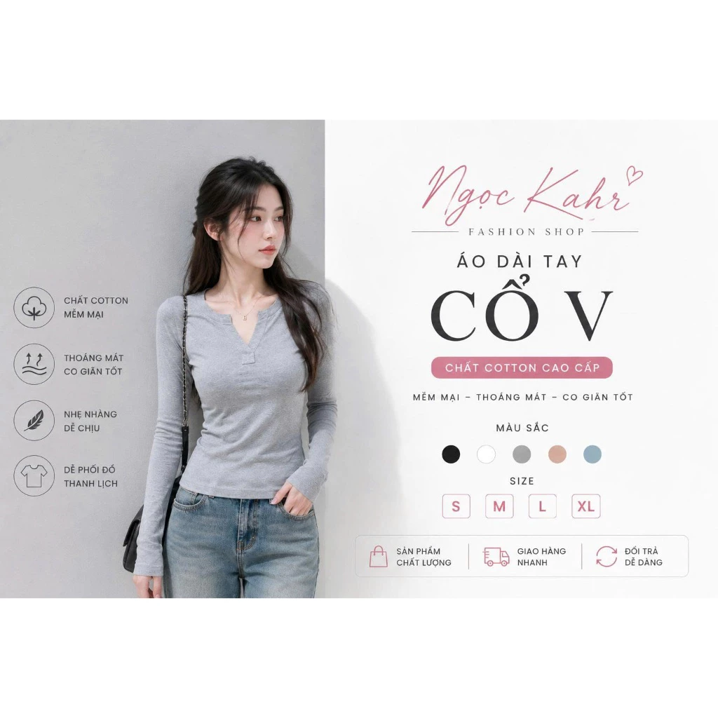 Áo Nữ Tay Dài Cổ Trụ Thanh Lịch Chất Cotton Co Giãn Form Gọn Tôn Dáng Dễ Phối Đồ A49