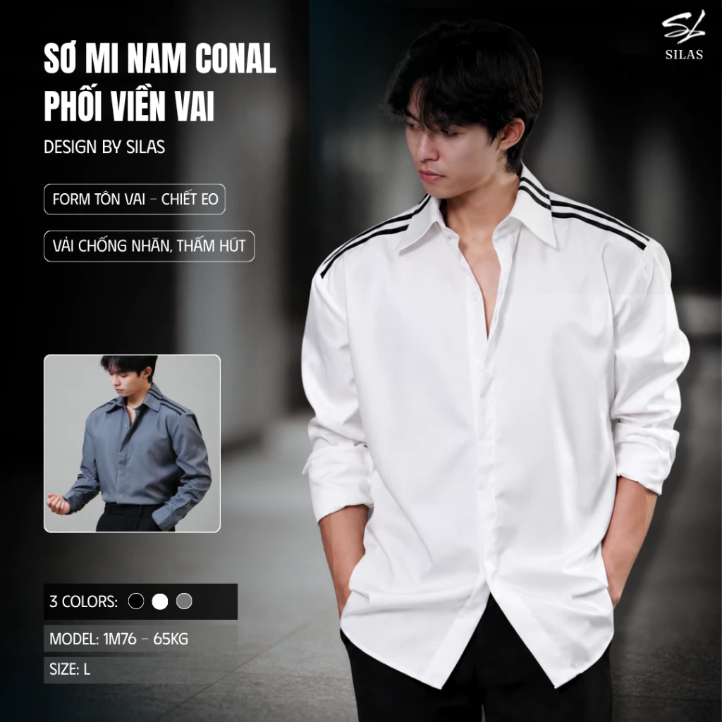 (Form Tôn Vai) Sơ Mi SILAS CONAL S01 Trơn Viền Vai - Cổ Nam Cotton Chéo Giấu Cúc Form Rộng - ASL48