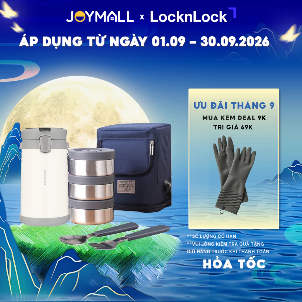 Bộ hộp cơm giữ nhiệt LocknLock 2L LHC8039 có túi, Hàng chính hãng, kèm muỗng nĩa gấp gọn - JoyMall