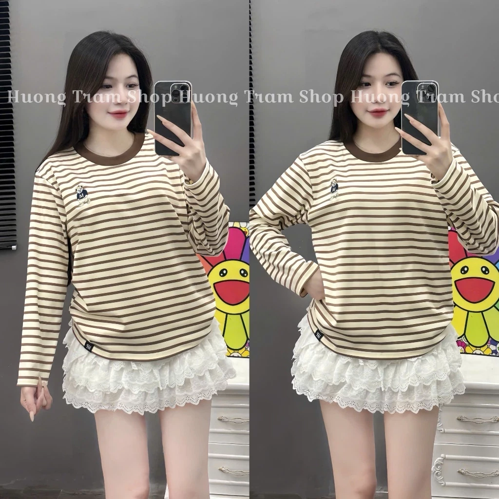 Áo thun thu đông dài tay nữ thêu hình GẤU trước ngực nhỏ xinh BASIC. Áo thun dài tay nữ kẻ chất cotton