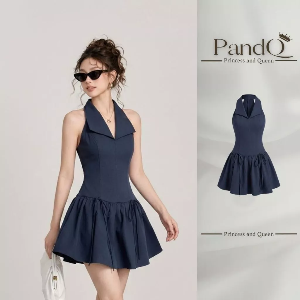 Váy Cổ Yếm Sơ Mi PandQ Dáng Xòe Nơ Hông Cổ Sơ Mi Thiết Kế Tôn Dáng Dự Tiệc Đi Chơi | vd0145