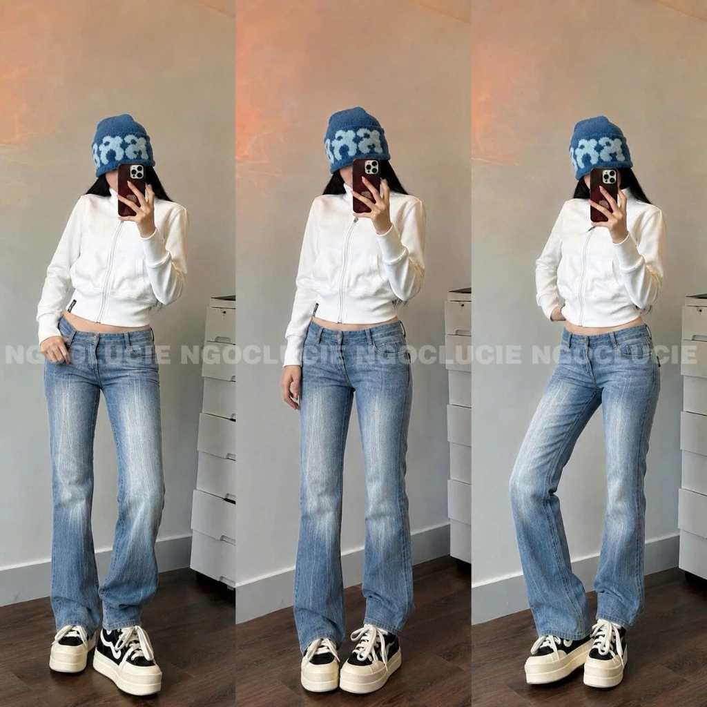 (CHIỀU DÀI 98CM) Q62 - Quần Jeans Lưng Thấp Ống Loe Lằn Nhẹ Túi Sau Có Nắp Ngọc Lucie