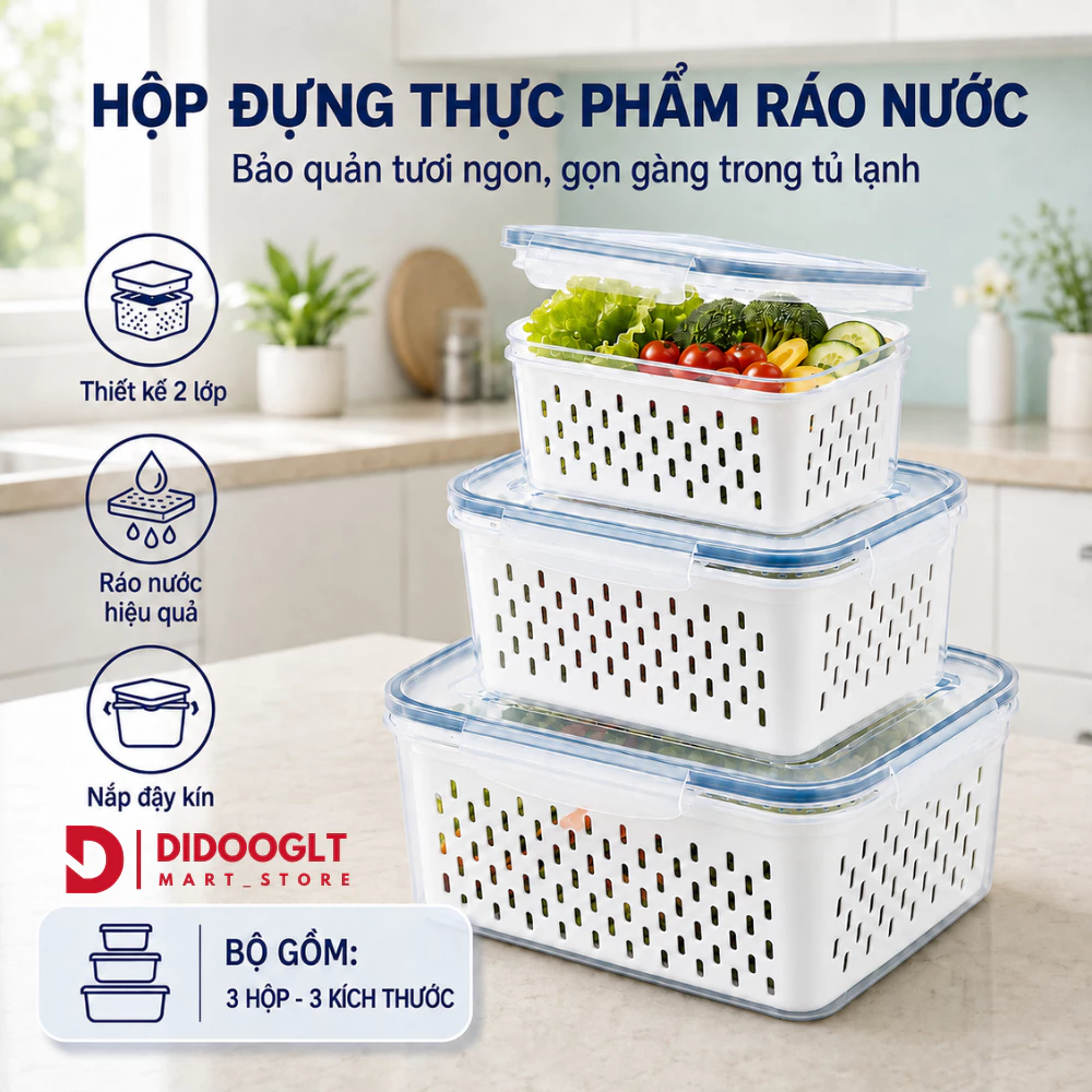 Bộ 3 Hộp Đựng Thực Phẩm 2 Lớp PP Kèm Rổ Ráo Nước, Nắp Kín Bảo Quản Rau Củ Tủ Lạnh (Didooglt)