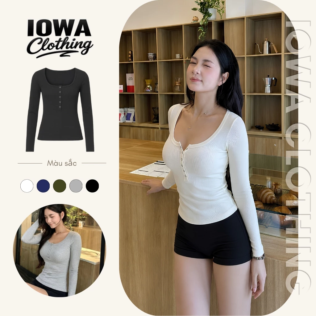 Áo Thun Nữ Tay Dài Cổ U Nút Bấm Ôm Body IOWA DD131 - Thun Gân Co Giãn, Nhiều Màu