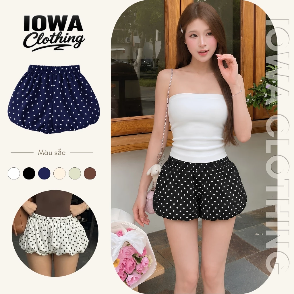 Quần Short Nữ Bí Ngô Chấm Bi Cạp Lưng Thun IOWA QU09 - Chất Kate 2 Lớp Phồng Bồng Bềnh