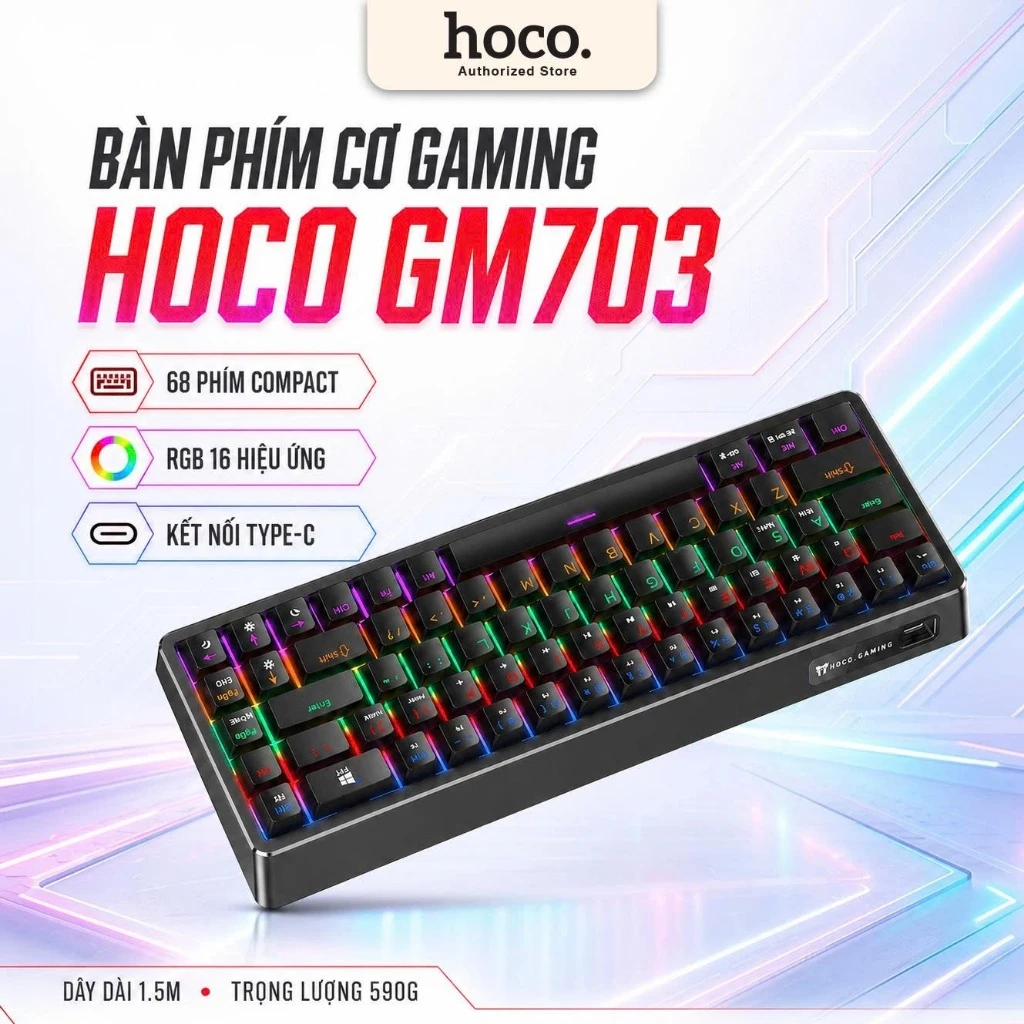 Bàn phím cơ Hoco GM703 Gaming 68 phím chính hãng, LED RGB 16 hiệu ứng, thiết kế nhỏ gọn, phản hồi phím nhanh, bền đẹp