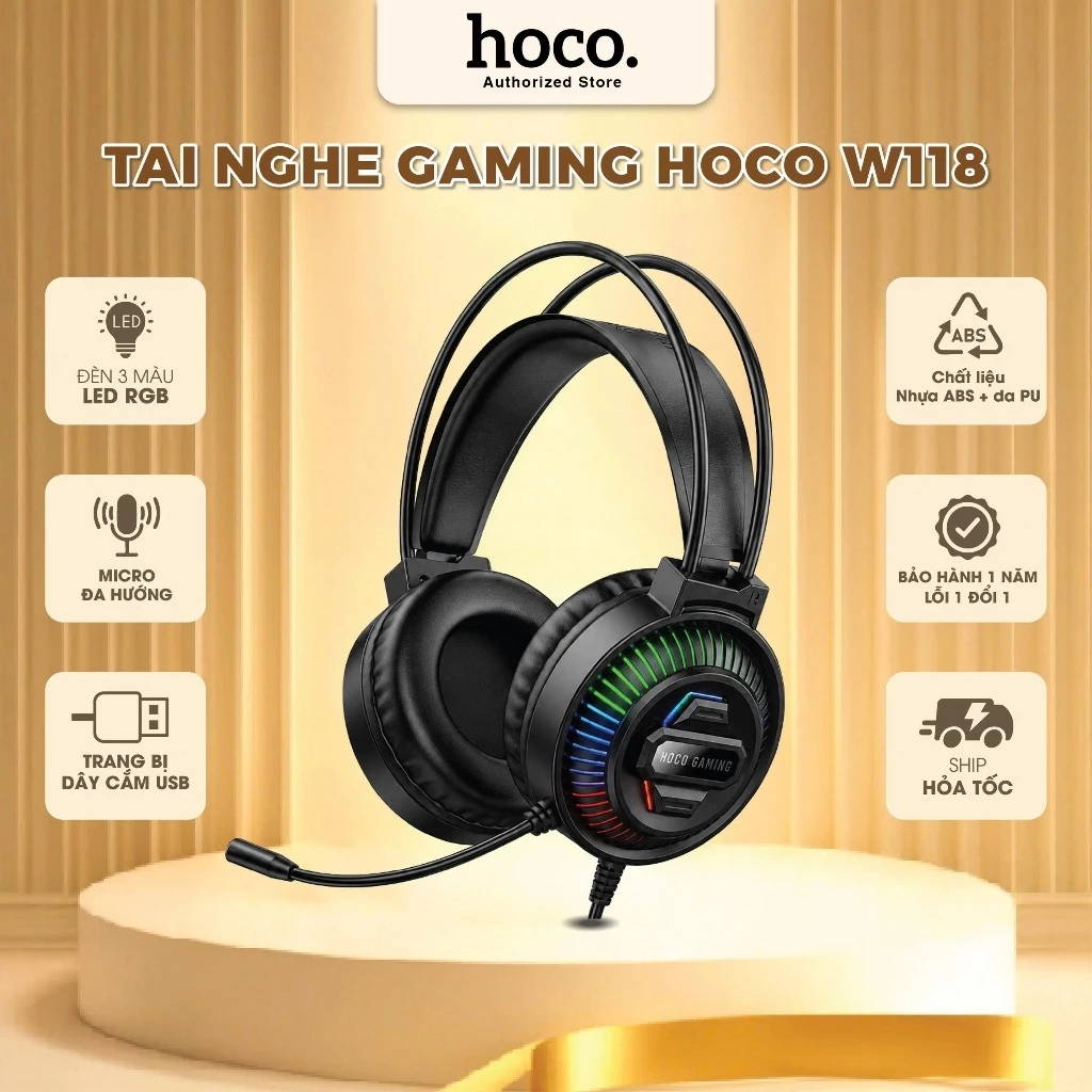 Tai nghe Gaming Hoco W118 có mic tích hợp, loa 40mm âm thanh mạnh mẽ, đèn RGB 3 màu nổi bật, chụp tai êm ái, gaming