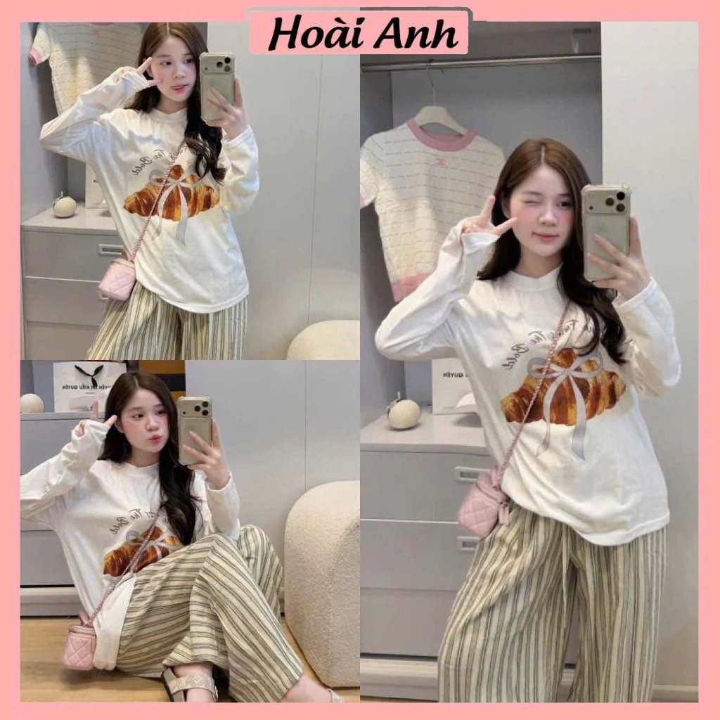 Set Bộ Đồ Nữ Áo Thun Giấy Trắng Dài Tay In Bánh Mì Cổ Tròn Mix Quần Suông Dài Kẻ Nilen Ống Rộng